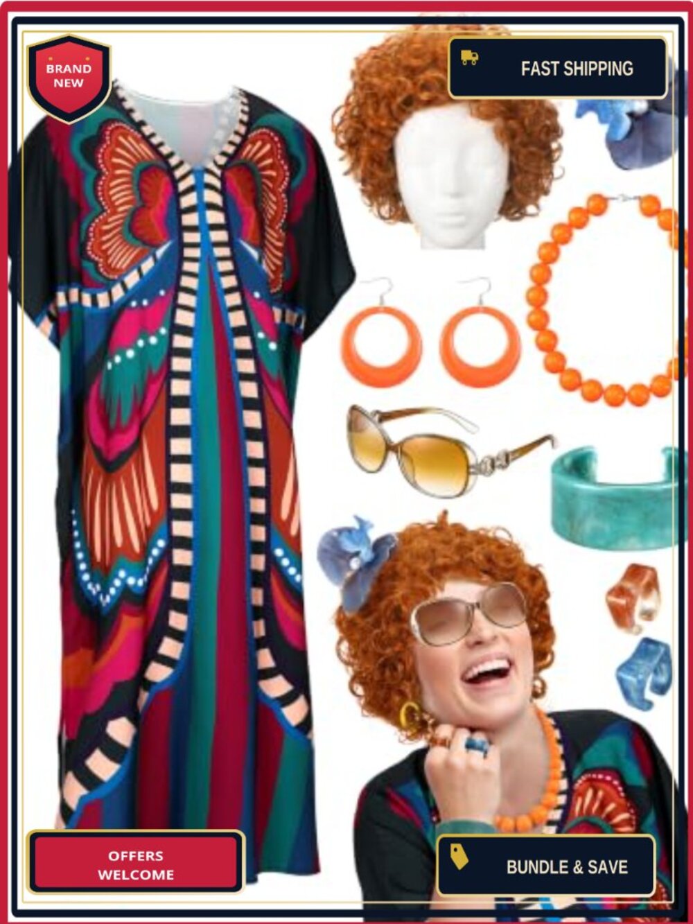 Landlady Costume Set Dress Wig Caftan 70s 80s Halloween Cosplay